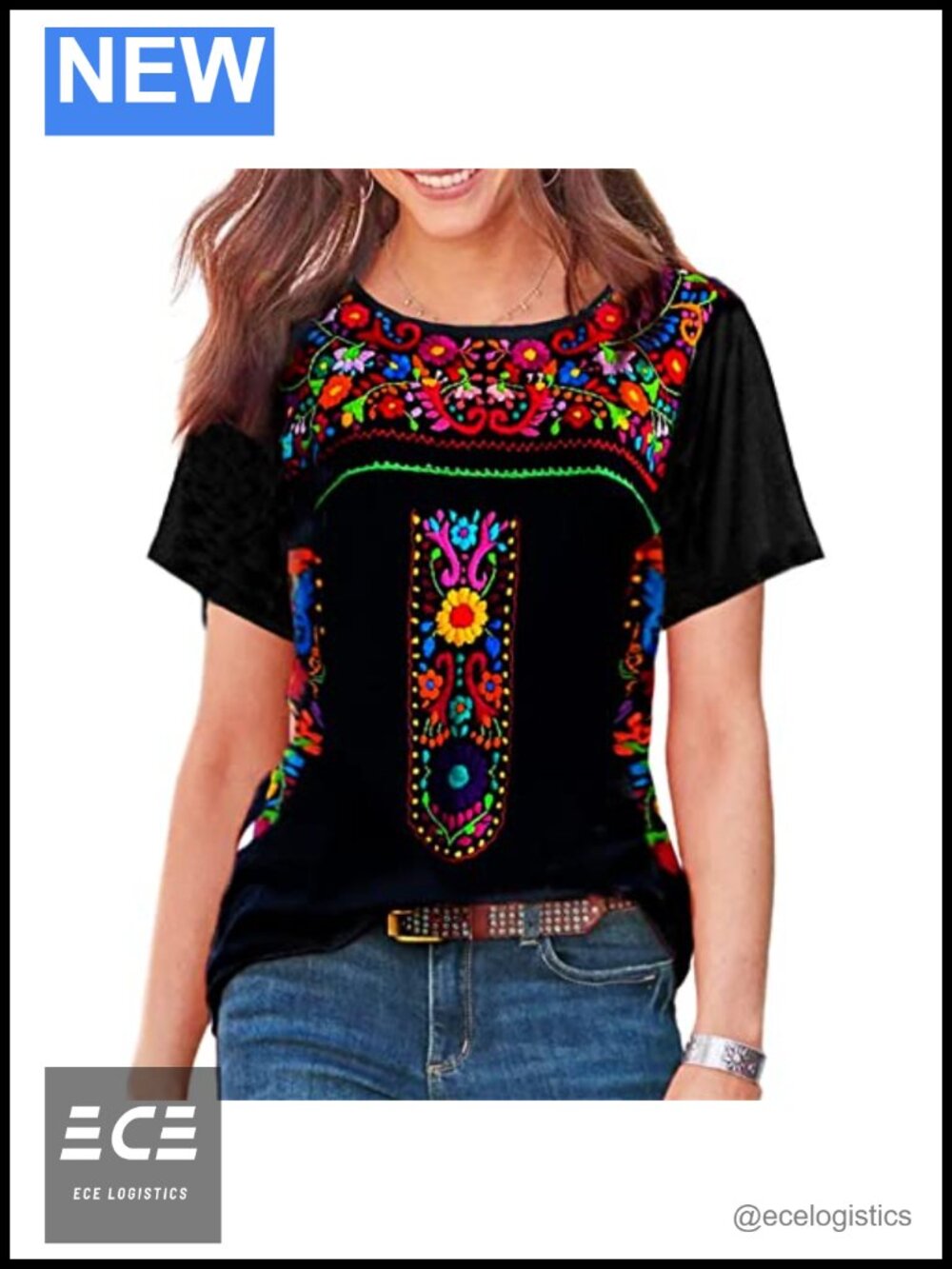Melliflo Women's Embroidered Mexican T-Shirt Short Sleeve Boho Loose Fit